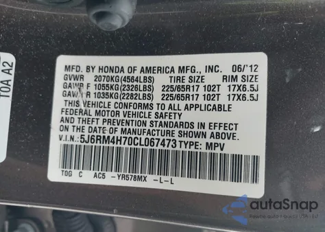 2012 Honda Cr-V Ex-L from USA, damaged, VIN 5J6RM4H70CL067473
